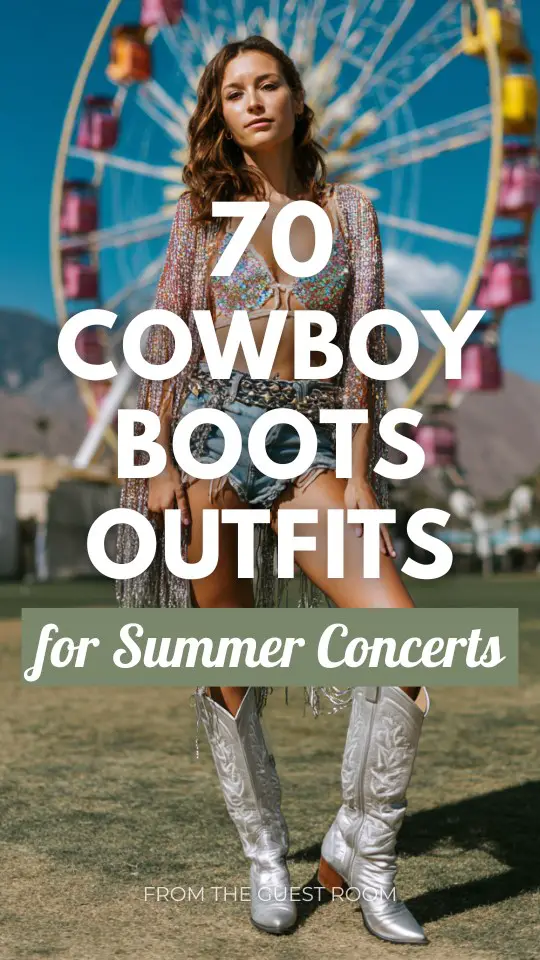 A woman wears cowboy boots outfit for summer concert with distressed denim shorts and a sparkling sequin bralette, layered with a dramatic fringe kimono and stacked silver chains (1)