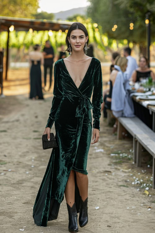 A woman wears green dress with black cowboy boots