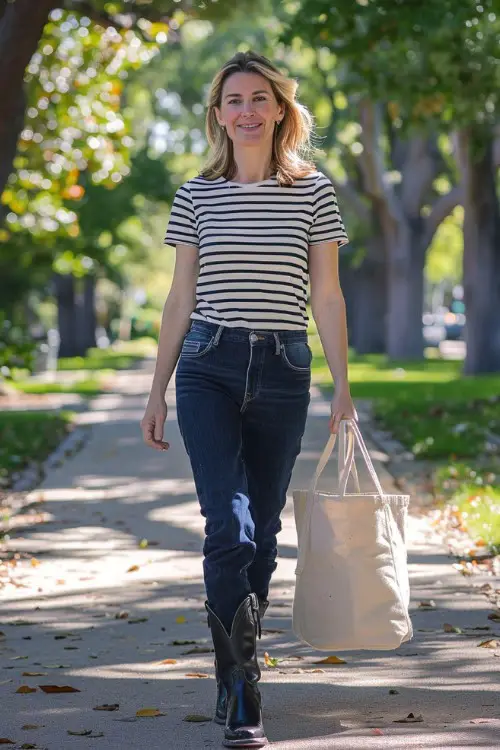 A woman wears jeans, cowboy boots with striped top