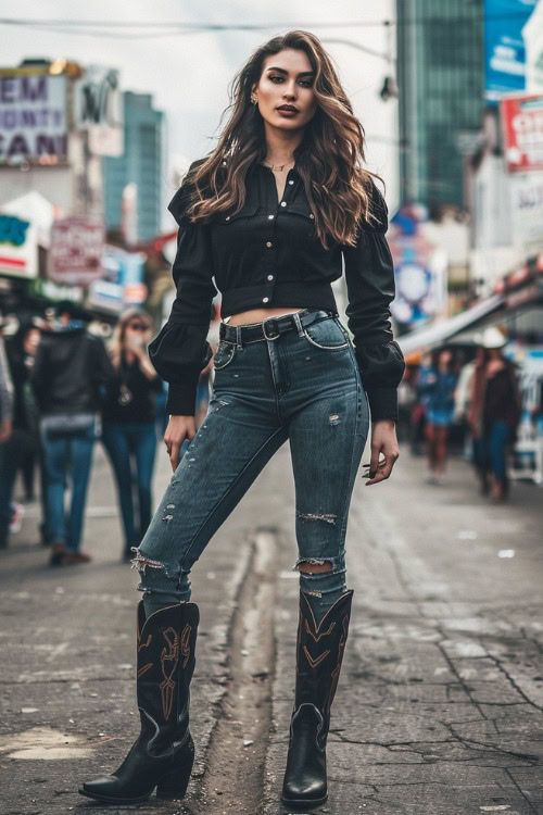 A woman wears jeans with black cowboy boots and black top