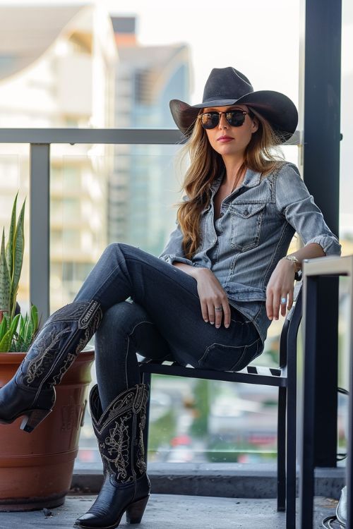 A woman wears jeans with black cowboy boots and denim top
