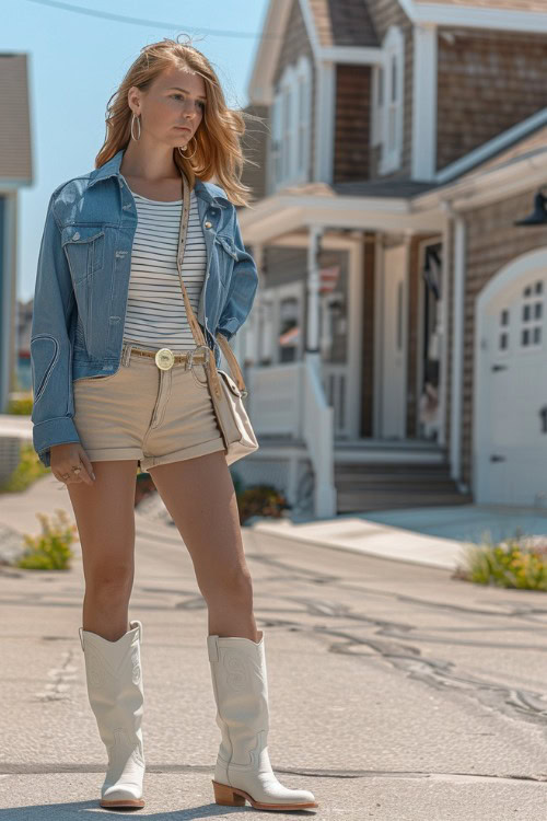A woman wears khaki shorts with white cowboy boots, striped top and a denim jacket