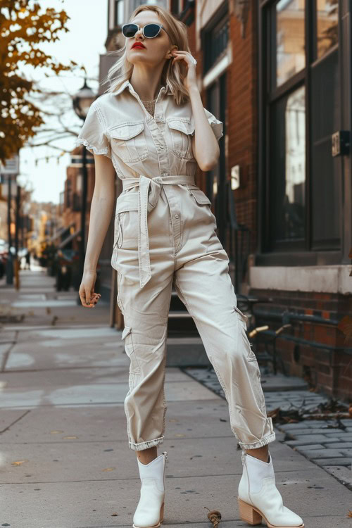 A woman wears light jumpsuit with ankle white cowboy boot