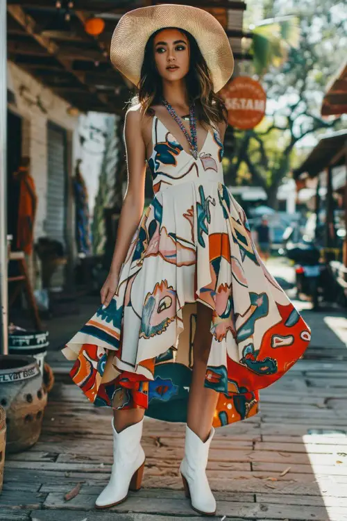 A woman wears long dress with ankle white cowboy boots