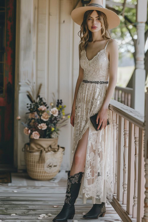 A woman wears long white dress with black cowboy boots