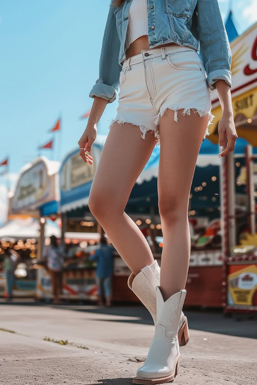 A woman wears shorts with white ankle cowboy boots and denim jacket
