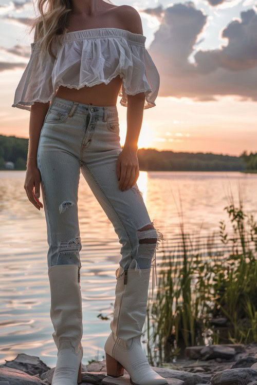 A woman wears white cowboy boots with a crop top