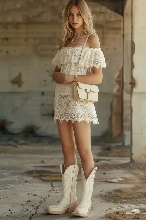 A woman wears white cowboy boots with a mini dress