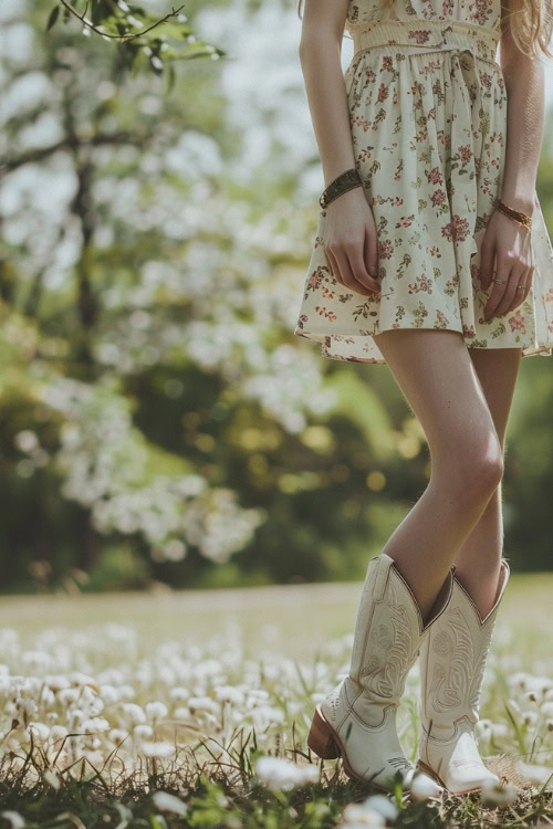 A woman wears white cowboy boots with a mini dress 2