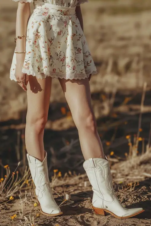 A woman wears white cowboy boots with a mini dress