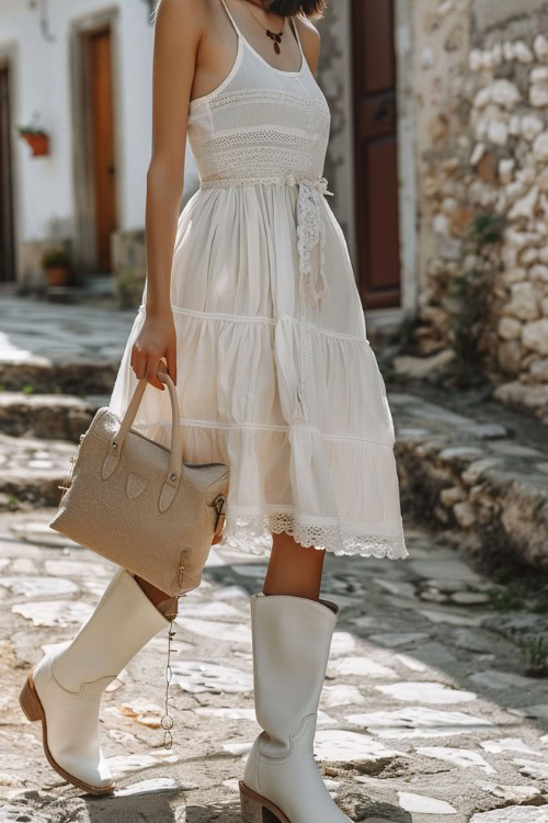 A woman wears white cowboy boots with a white tiered dress