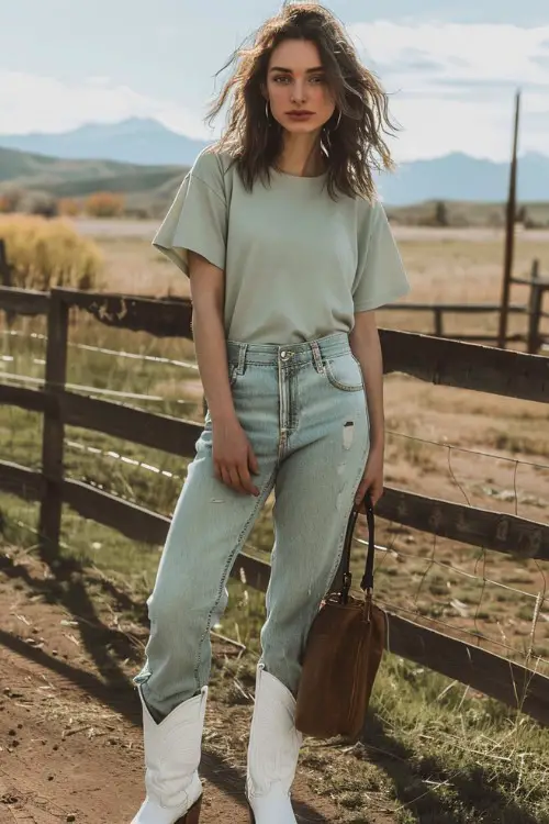 A woman wears white cowboy boots with jeans and simple grey tee