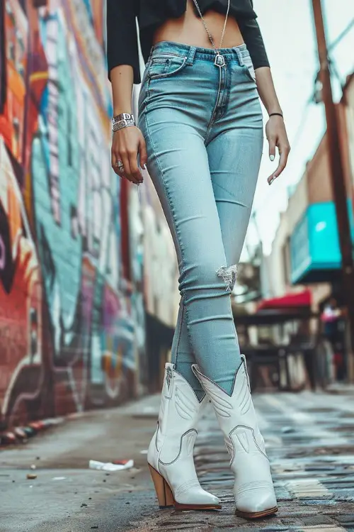 A woman wears white cowboy boots with loose black crop top