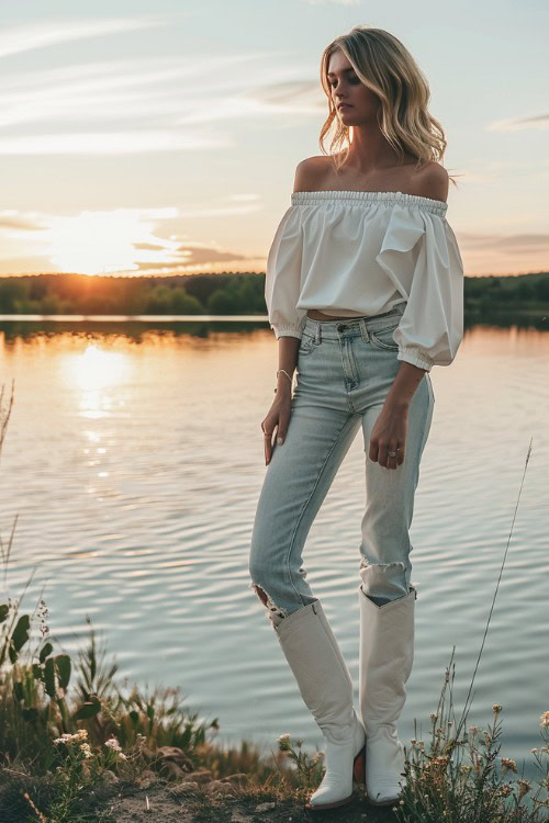 A woman wears white cowboy boots with off-shoulder top
