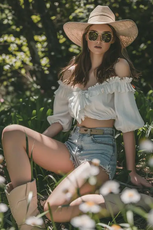 A woman wears white cowboy boots with ripped hem shorts and an off-shoulder blouse (2)