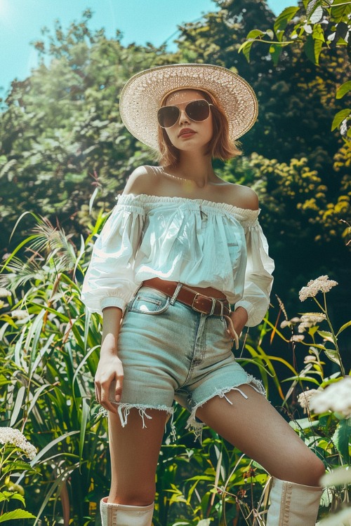 A woman wears white cowboy boots with ripped hem shorts and an off-shoulder blouse