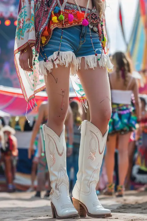 A woman wears white cowboy boots with ripped jeans and colorful outfit