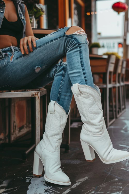 A woman wears white cowboy boots with ripped jeans, denim vest and black mini crop top