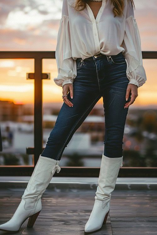 A woman wears white cowboy boots with skinny jeans and a blouse