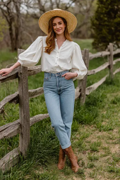 a cute woman wearing brown cowboy boots, relaxed blue jeans, and a white puff sleeve blouse with a straw hat