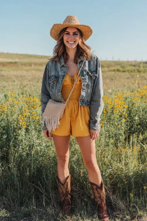a smiling woman wearing brown cowboy boots, a yellow spring romper, and a cropped denim jacket with a straw hat and fringe crossbody bag