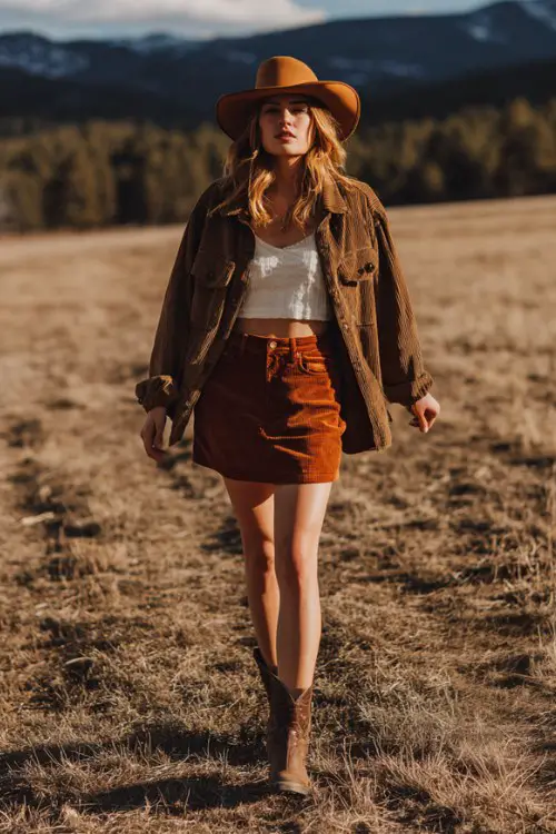 a woman walking through a sunny countryside field wearing brown cowboy boots, a rust corduroy button skirt, white crop top, and an olive overshirt with a brown western hat