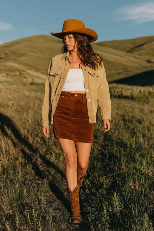 a woman walking through a sunny countryside field wearing brown cowboy boots, a rust corduroy button skirt, white crop top, and an olive overshirt with a brown western hat