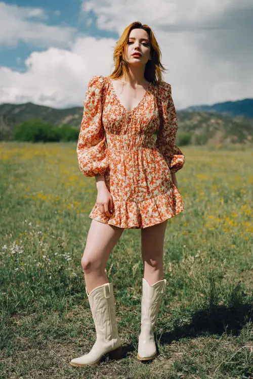 a woman wearing cream cowboy boots and a loose orange printed boho mini dress with puff sleeves