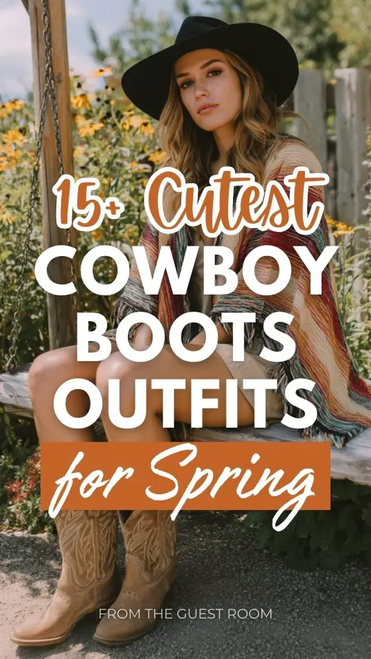 a woman wearing cute cowboy boots outfit for spring with a colorful striped boho poncho with fringe, beige shorts, styled with a black wide-brim hat