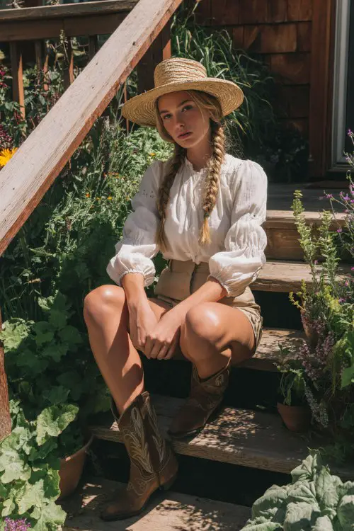 a woman wearing light brown cowboy boots, high-waisted shorts, and a white puff sleeve blouse, styled with a straw hat and a long braid