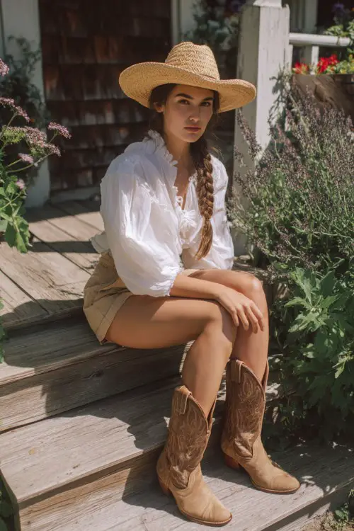 a woman wearing light brown cowboy boots, high-waisted shorts, and a white puff sleeve blouse, styled with a straw hat and a long braid