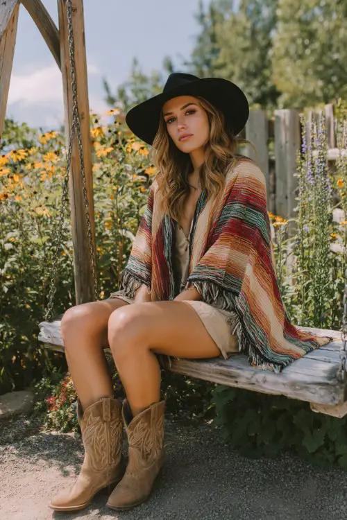 a woman wearing tan cowboy boots and a colorful striped boho poncho with fringe, beige shorts, styled with a black wide-brim hat