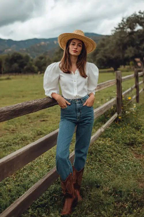 cute woman wearing brown cowboy boots, relaxed blue jeans, and a white puff sleeve blouse with a straw hat