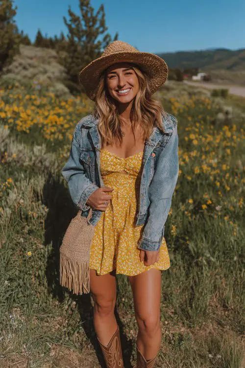smiling woman wearing brown cowboy boots, a yellow spring romper, and a cropped denim jacket with a straw hat and fringe crossbody bag