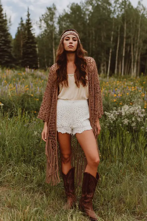 woman wearing slouchy brown cowboy boots, white lace shorts, a beige top, and a long crochet cardigan with fringe, styled with a boho headband