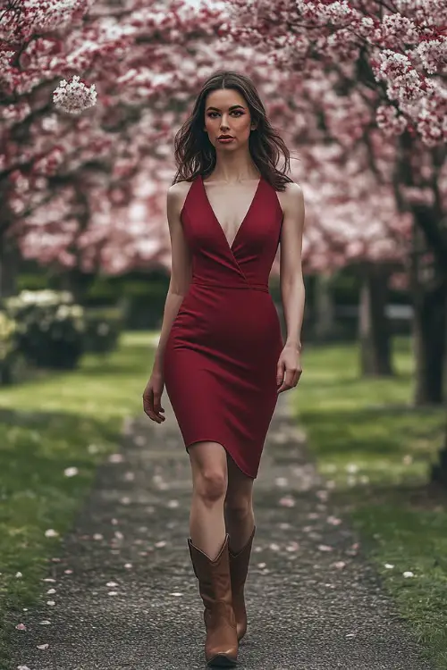 A confident woman in a fitted red wrap dress with a deep V-neck and brown cowboy boots, walking along a garden path