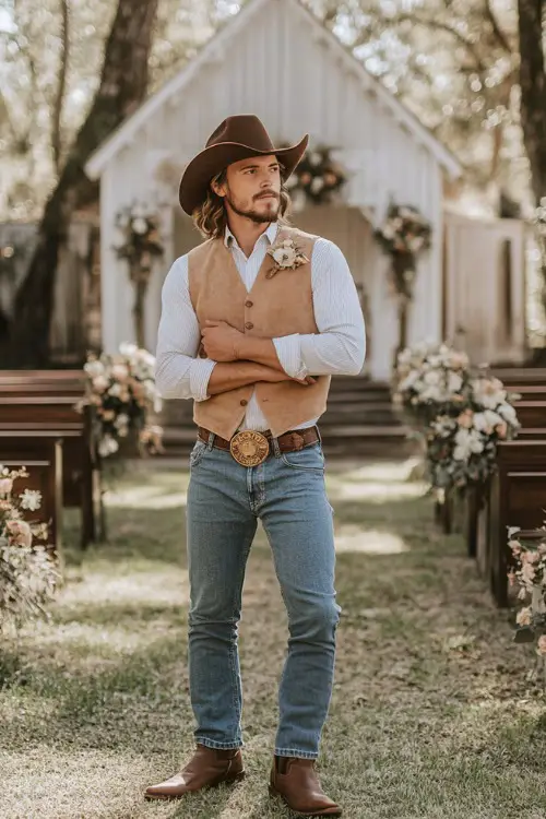 A country groom in light-wash flared jeans tucked into distressed brown cowboy boots, styled with a rolled-up sleeve chambray shirt and a tan suede vest