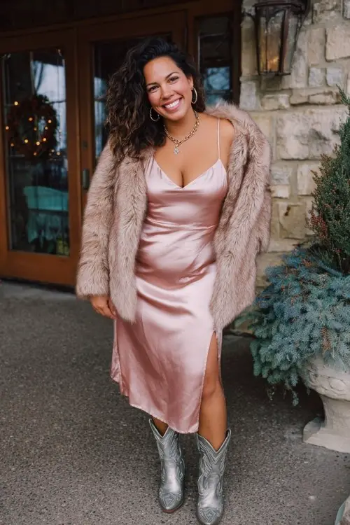 A curvy woman wears a blush satin slip dress layered with a faux-fur cropped coat, styled with metallic cowboy boots