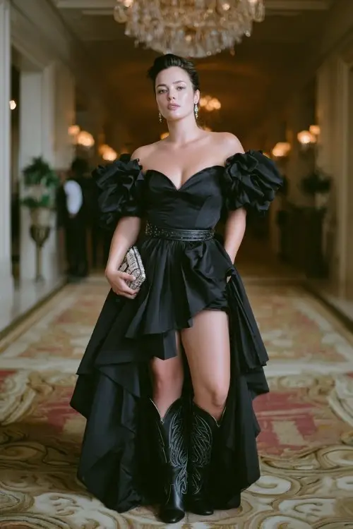 A curvy woman wears black cowboy boots with a sculptural black satin gown featuring exaggerated ruffle sleeves, corset waist, and cascading waterfall pleats across the skirt