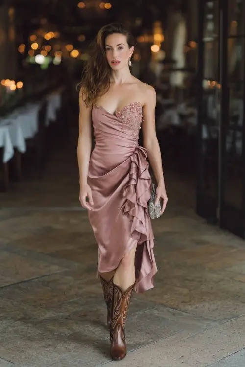A curvy woman wears metallic bronze cowboy boots with a dusty rose satin gown featuring a draped neckline, asymmetrical ruffle cascade, and subtle floral beadwork across the bodice