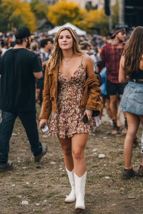 A curvy woman wears white cowboy boots, a floral wrap dress, and a cropped suede jacket