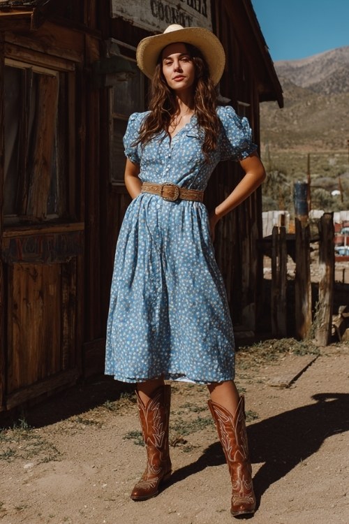 A glowing woman wearing a country outfit with cowboy boots and a floral blue dress