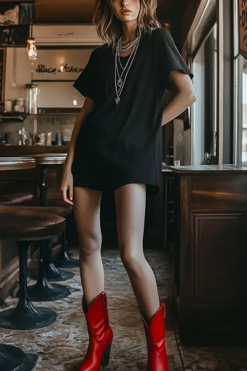 A model in a short-sleeve black t-shirt dress with a knotted front, red cowboy boots, and layered silver necklaces, standing in a bohemian-style café,