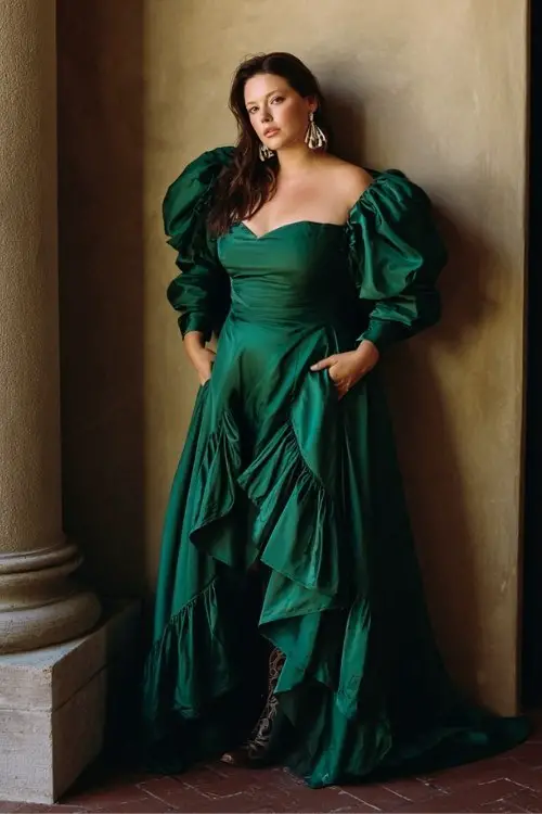 A plus-size woman wears caramel cowboy boots with a striking emerald satin gown featuring architectural puff sleeves, structured square neckline