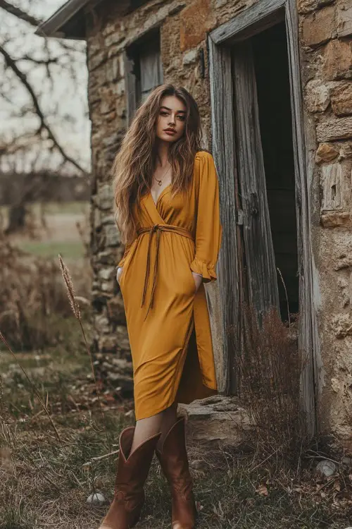 A stylish woman in a mustard yellow wrap dress and brown cowboy boots, posing near a stone farmhouse with rustic spring vibes