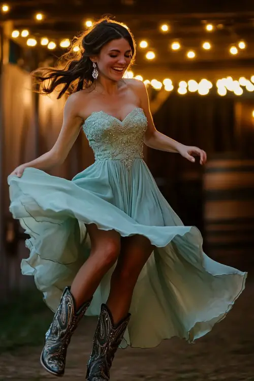A woman in a mint green strapless high-low dress, embroidered cowboy boots, and silver earrings