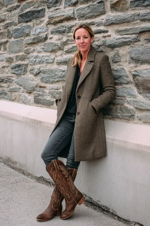 A woman in her 50s wears tall brown cowboy boots, dark jeans, and a tailored wool coat