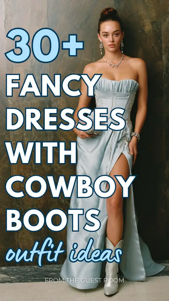 A woman over 30 wears a fancy dress with cowboy boots outfit