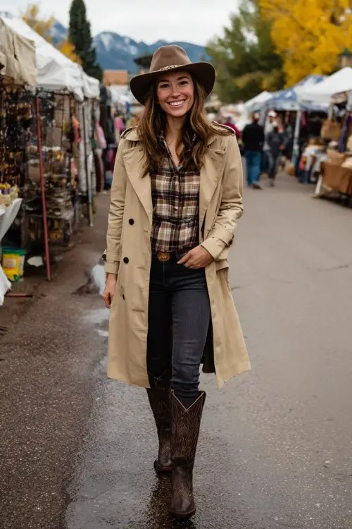 A woman over 30 wears dark skinny jeans, chocolate brown cowboy boots, and a plaid flannel layered under a beige trench coat