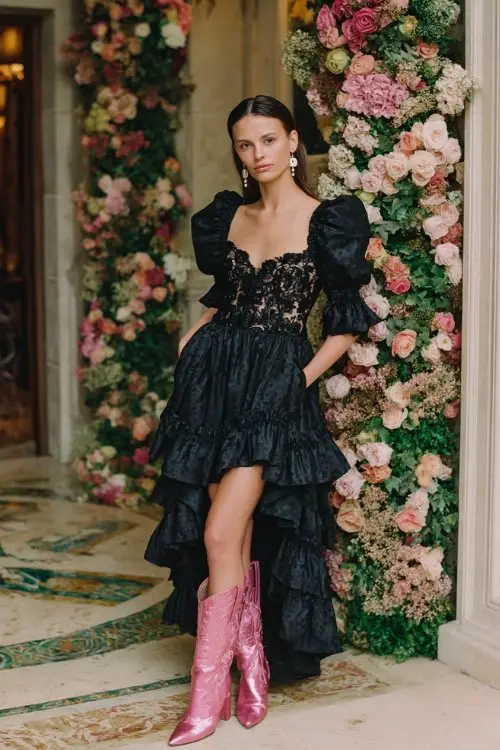 A woman over 30 wears metallic pink cowboy boots with a black lace gown featuring intricate floral embroidery, puff sleeves, and layered tiered ruffles along the skirt